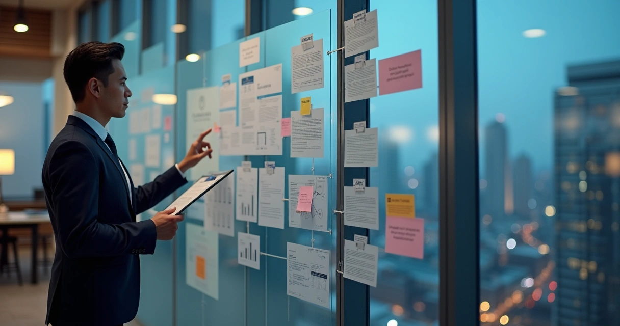 Professional arranging visa petition evidence on transparent glass wall 