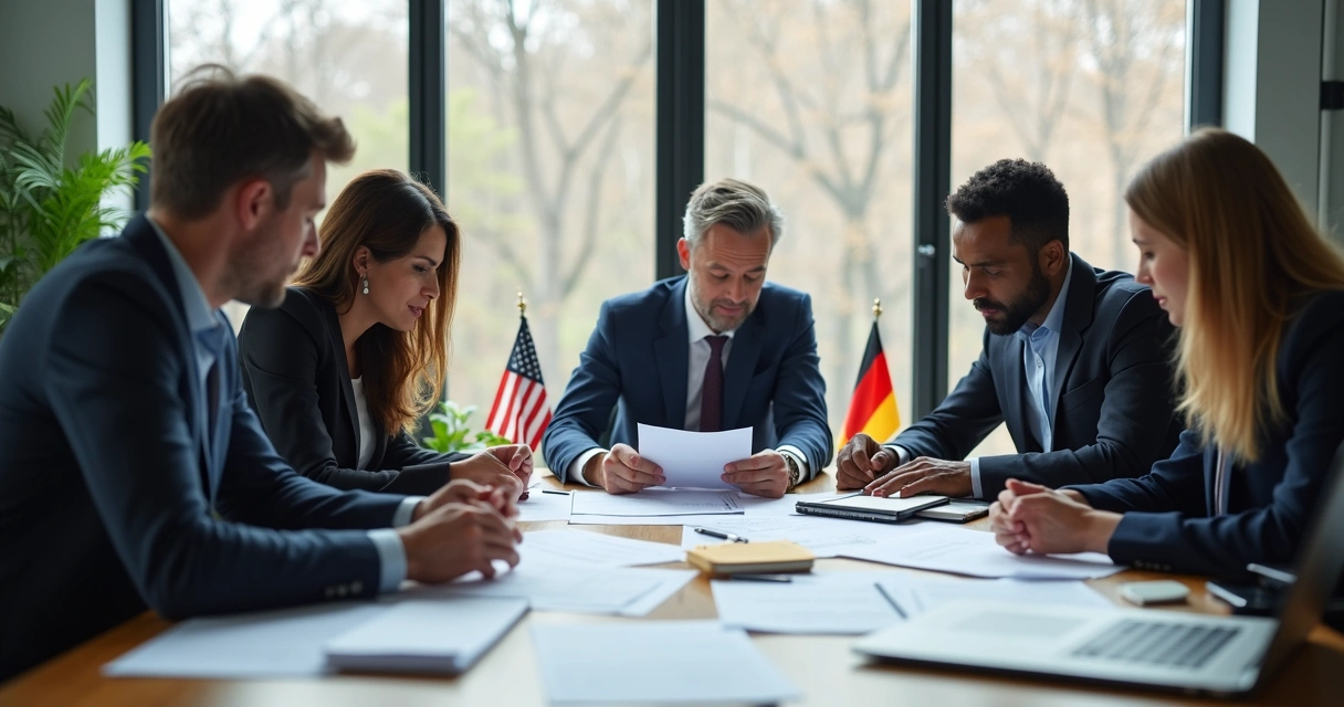 Researchers reviewing international contracts at a meeting table 
