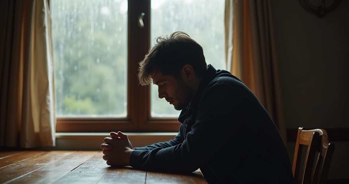 Person sitting alone in a dimly lit room, reflecting with thoughtful expression in front of a slightly foggy window. Soft warm light highlights only half the face, leaving the rest in subtle shadow. Background is blurred, with neutral colors and gentle light rays, evoking introspection and mood.