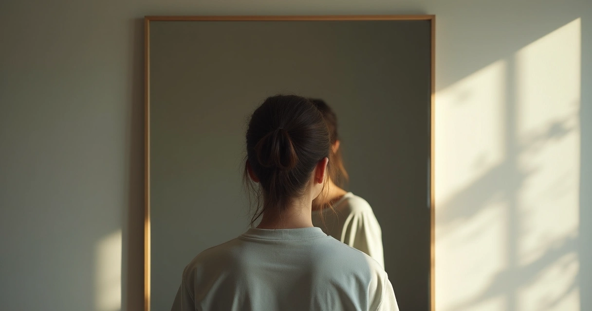 Person looking at reflection split between resentment and inner peace 