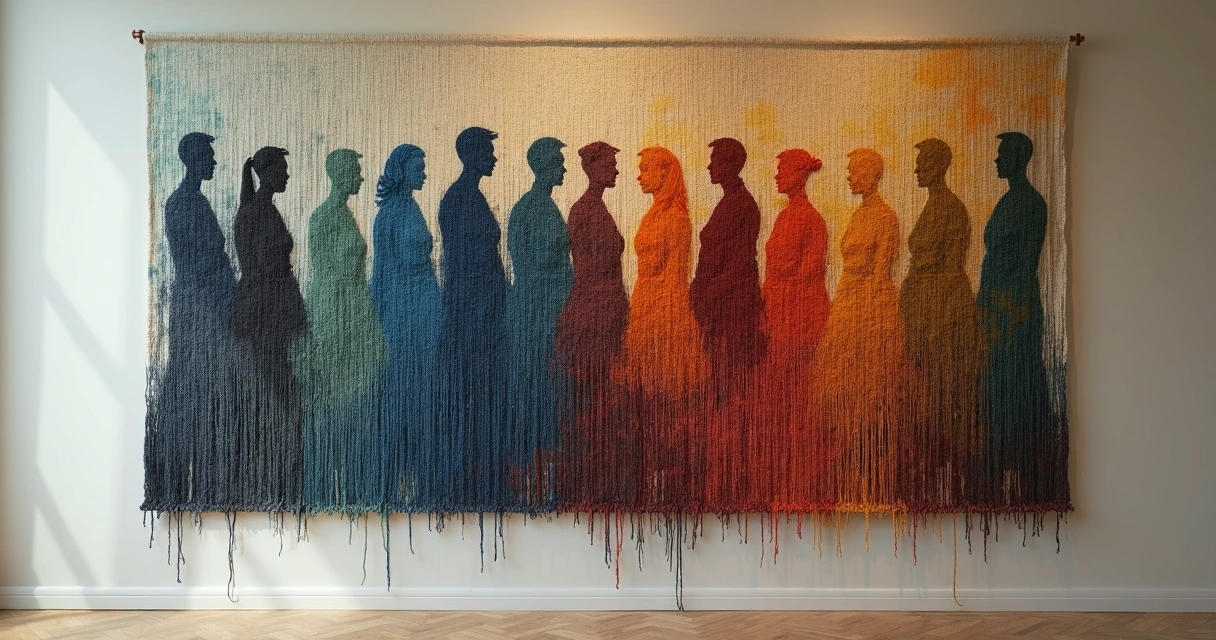 Close view of a tapestry of people unraveling from a single pulled thread 