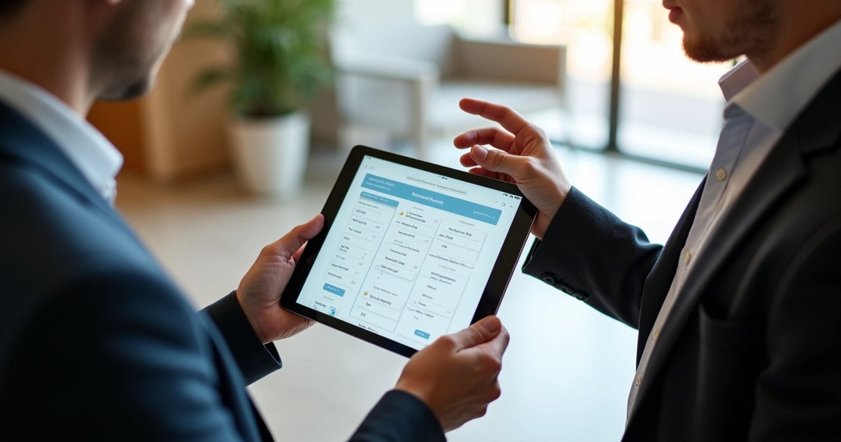Síndico mostrando área digital de reservas em tablet para morador 