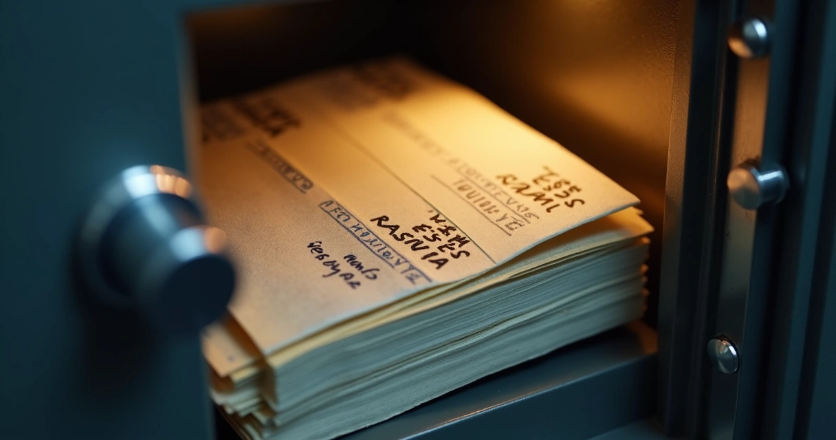 Cofre aberto com dinheiro separado em envelopes dentro, simbolizando reserva de caixa. 