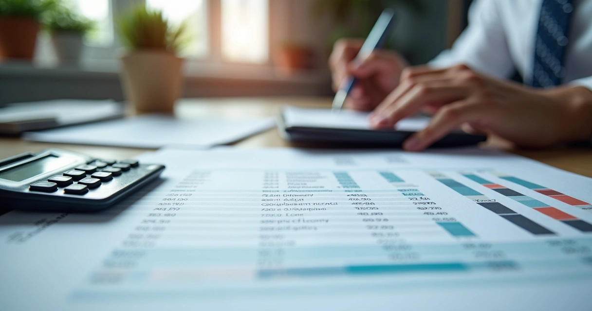 Mesa de escritório com planilha, calculadora e pessoa fazendo anotações sobre fluxo de caixa 