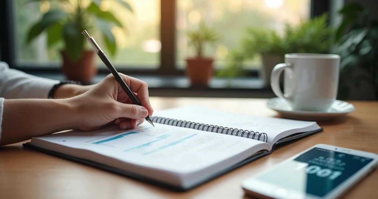 Mesa com bloco de notas, xícara de café e mãos escrevendo sobre finanças