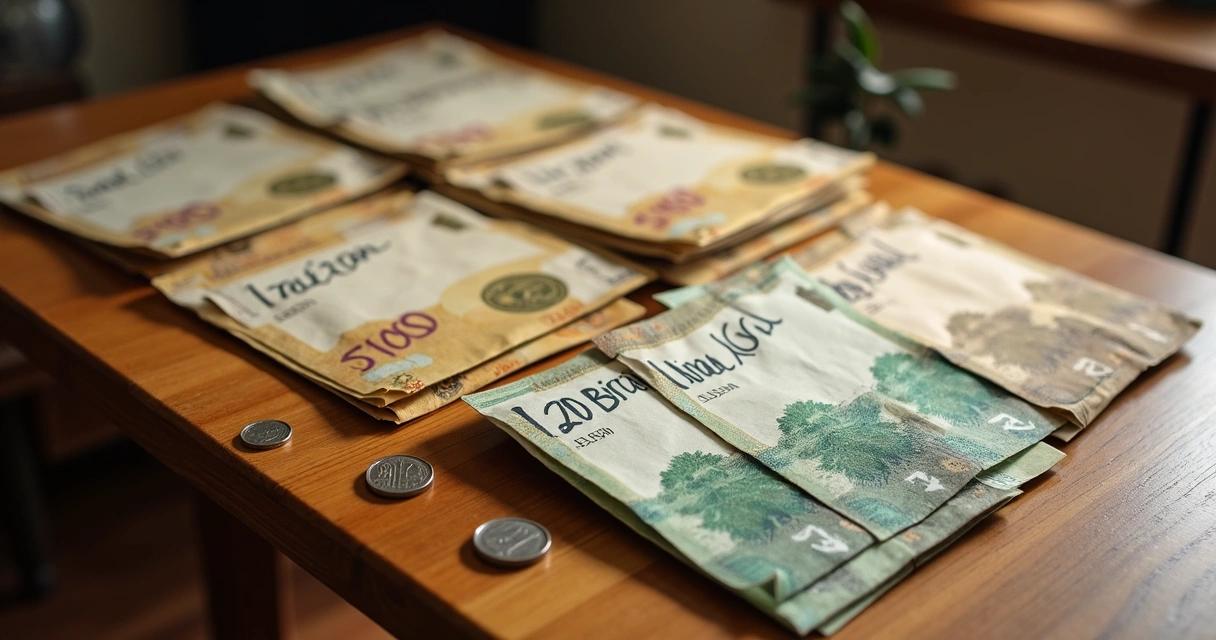 Notas de dinheiro separadas em envelopes sobre uma mesa 