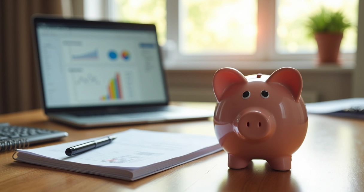 Mesa de trabalho com computador, caderno de anotações e um cofre em destaque 