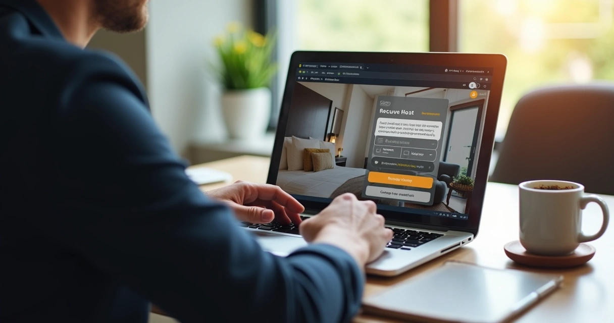 Homem usando notebook para fazer reserva de hotel online 