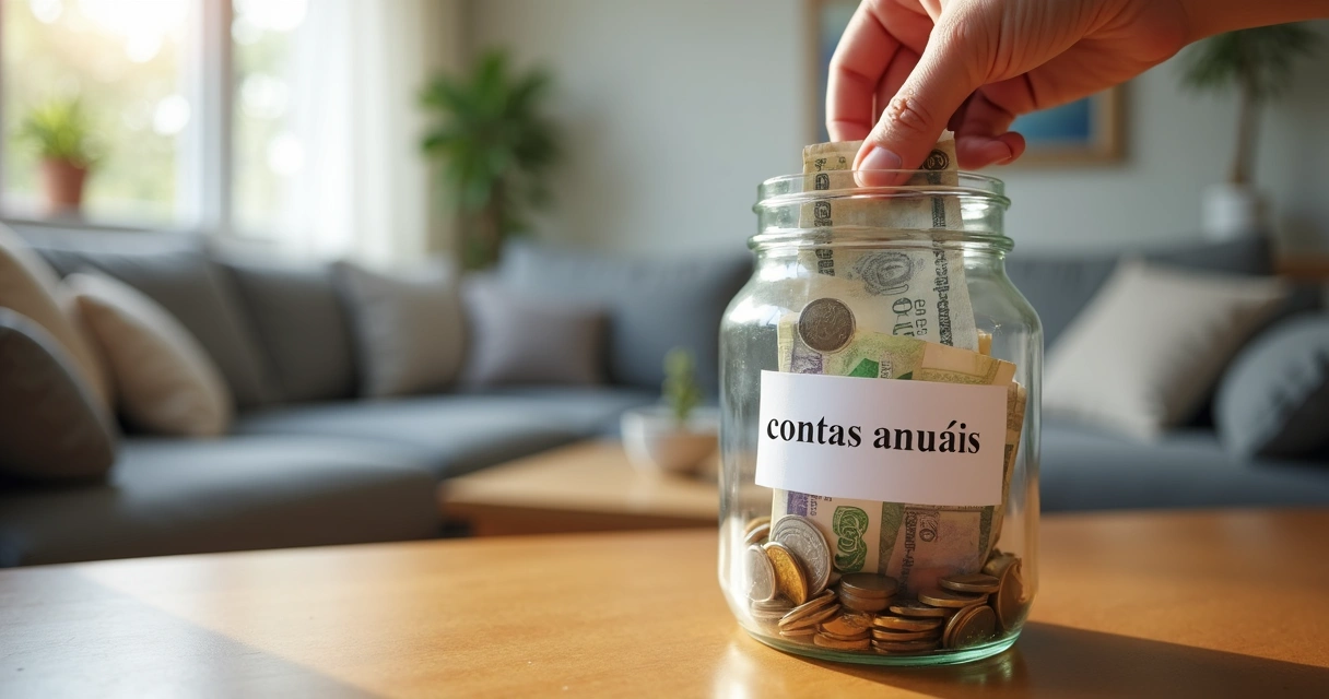 Pote de vidro com dinheiro separado e etiqueta de contas anuais sobre a mesa