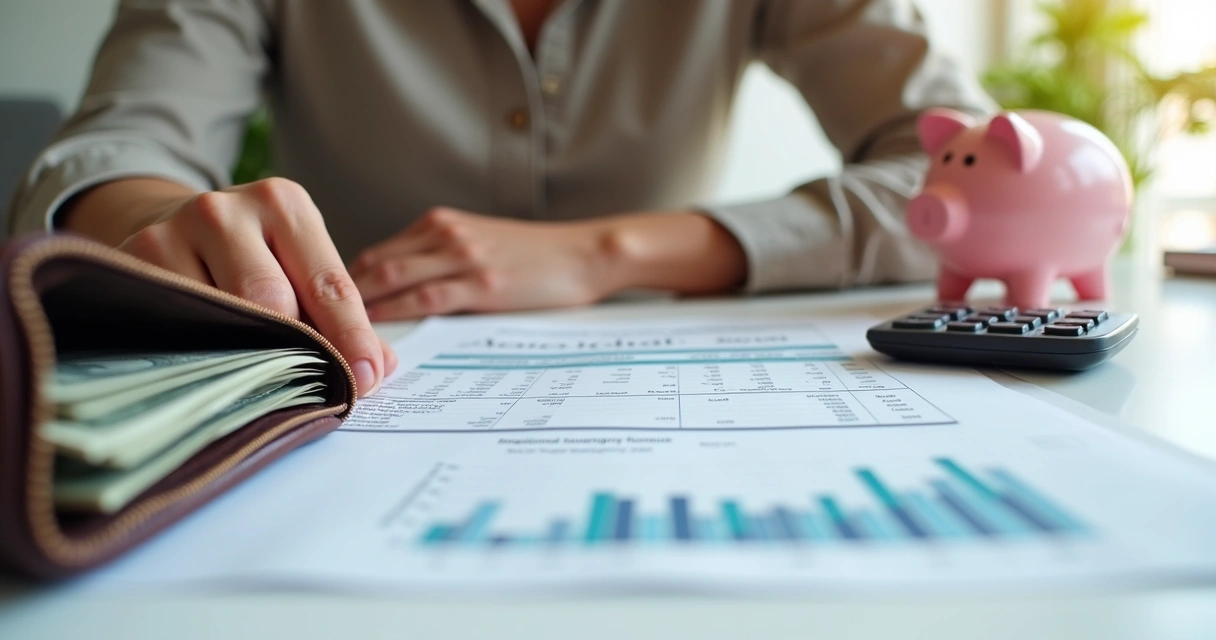 Pessoa analisando planilha financeira com cofre e carteira ao lado