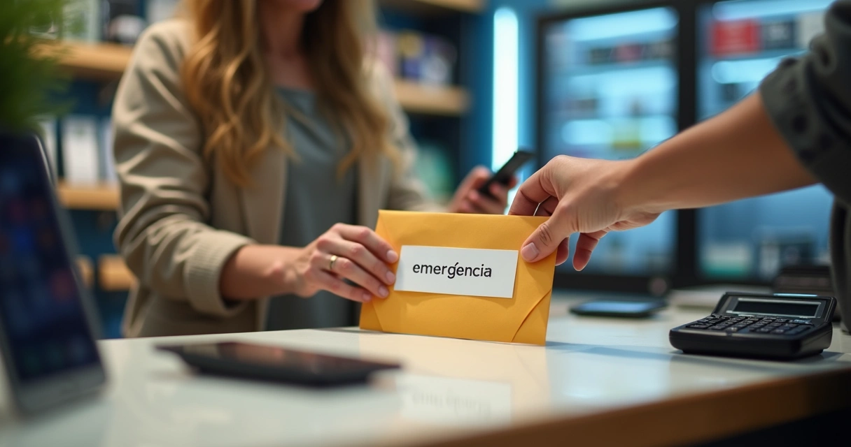 Pessoa guardando dinheiro em envelope reservado em bancada de loja de celular 