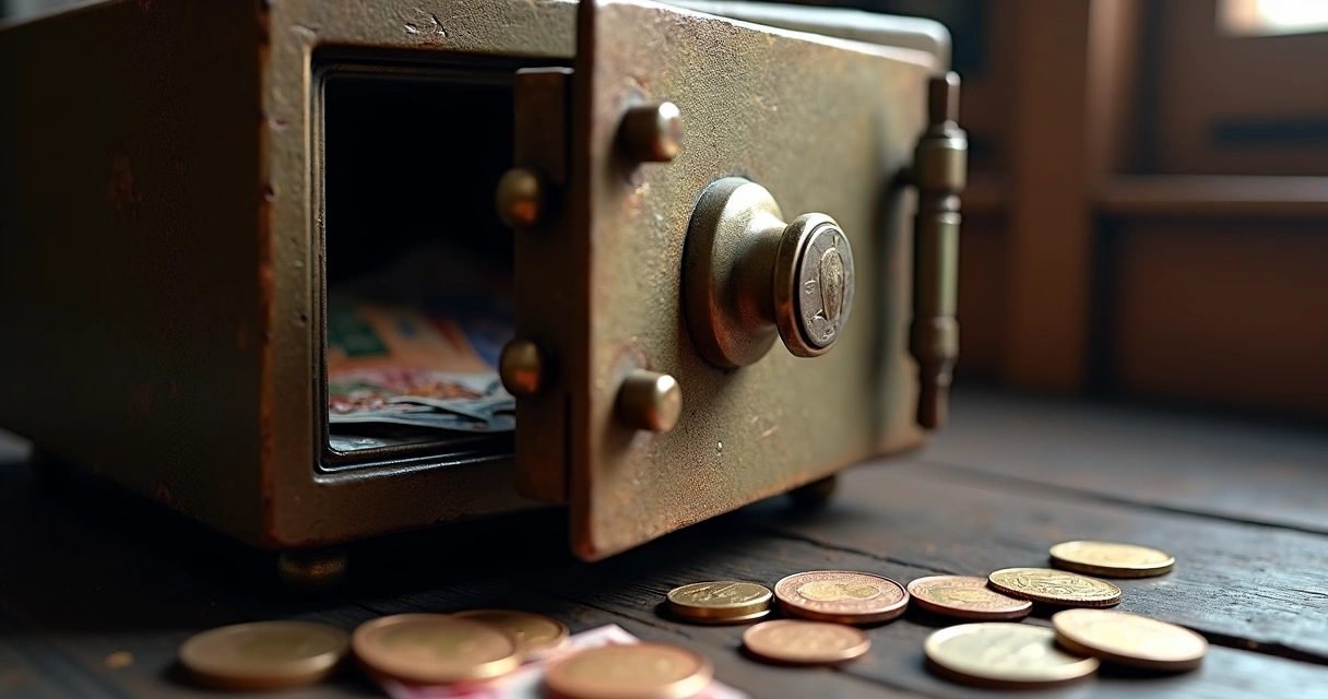 Cofre antigo com moedas e notas ao lado simbolizando reserva de emergência