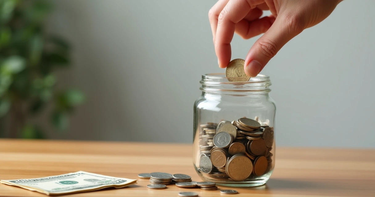 Cofre simples cheio de moedas e cédulas, em uma mesa de madeira, com fundo neutro.