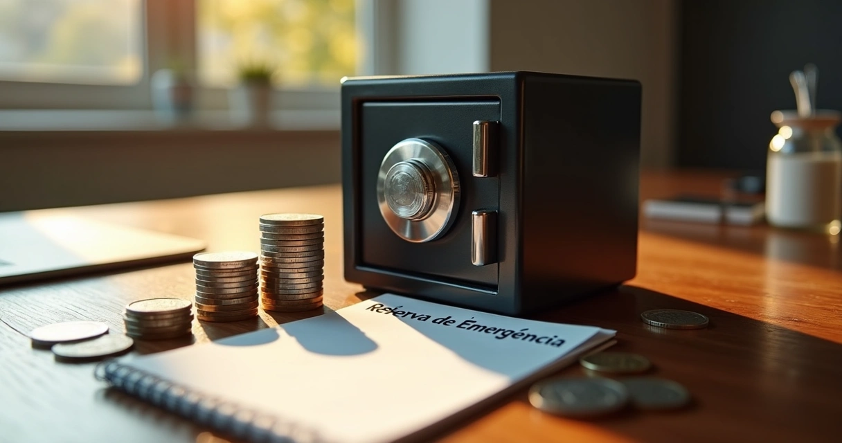 Cofre pequeno e moedas sobre uma mesa, simbolizando reserva de emergência 