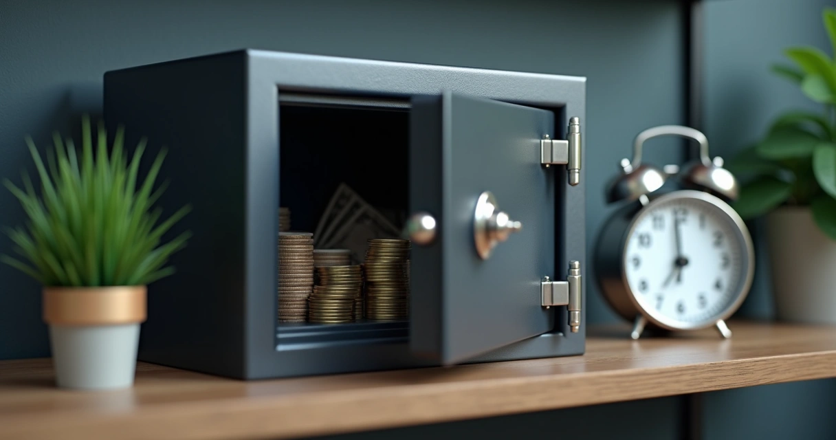 Cofre aberto com moedas e cédulas visíveis