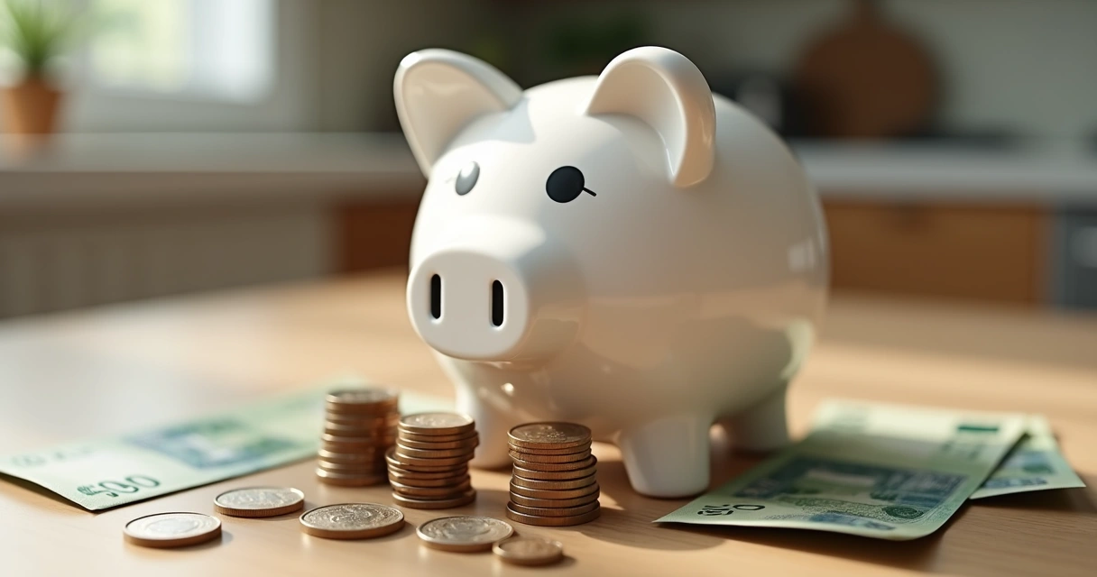 Cofrinho de porcelana ao lado de pilhas de moedas e notas de real 