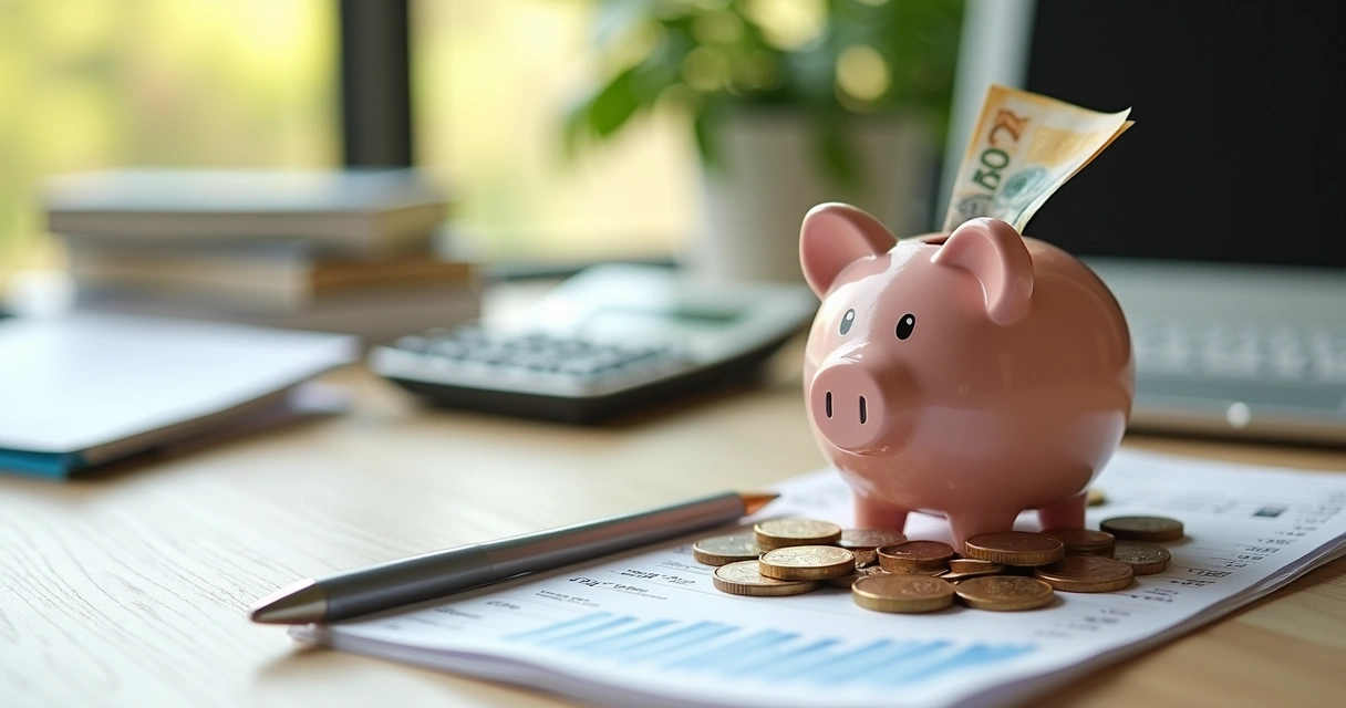 Cofrinho com moedas e cédulas de dinheiro em uma mesa de madeira clara, rodeado por anotações financeiras e calculadora 