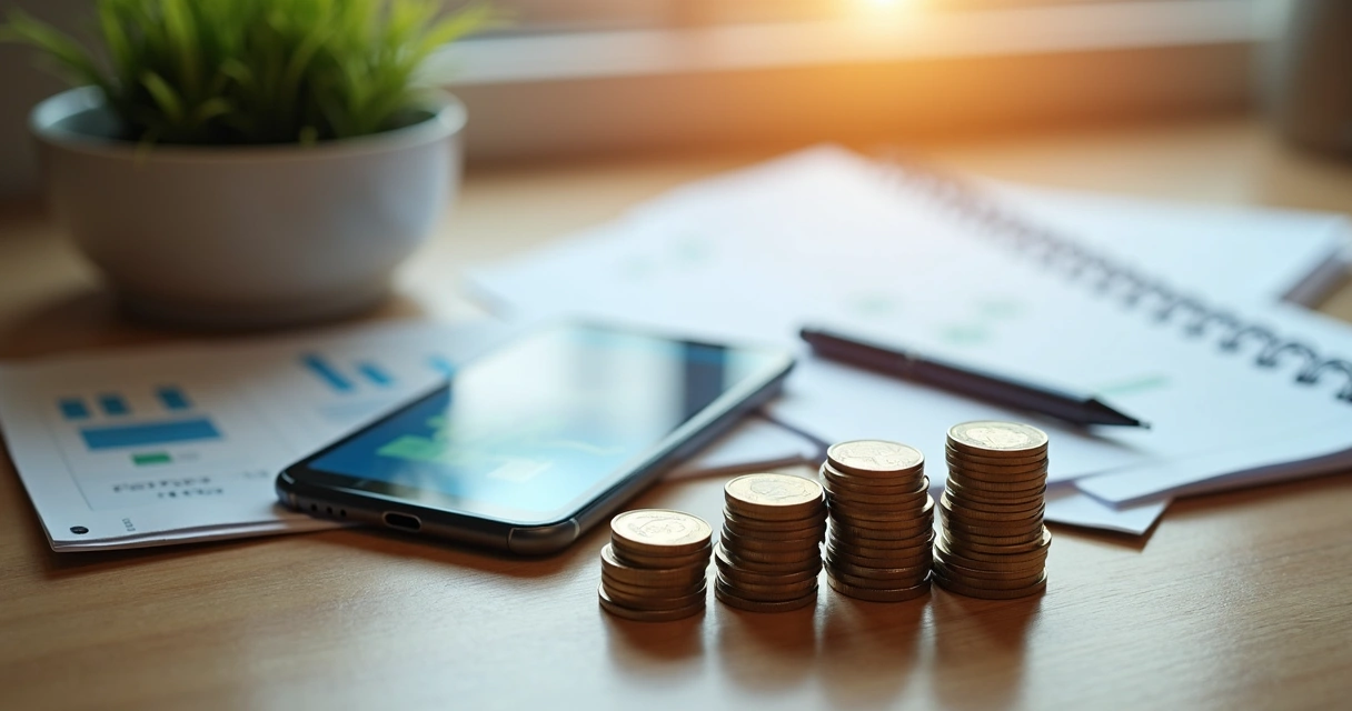 Mesa com cadernos e pilhas de moedas representando reserva de emergência 