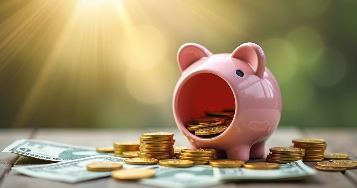 Cofre aberto com moedas douradas e cédulas ao redor, representando reserva financeira emergencial 