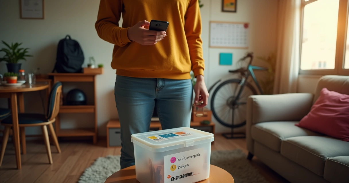 Jovem verifica app financeiro enquanto guarda dinheiro em caixa rotulada de emergência 