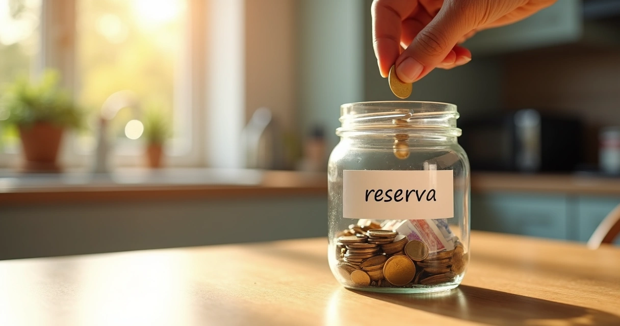 Pessoa colocando moeda em pote transparente com etiqueta de reserva 