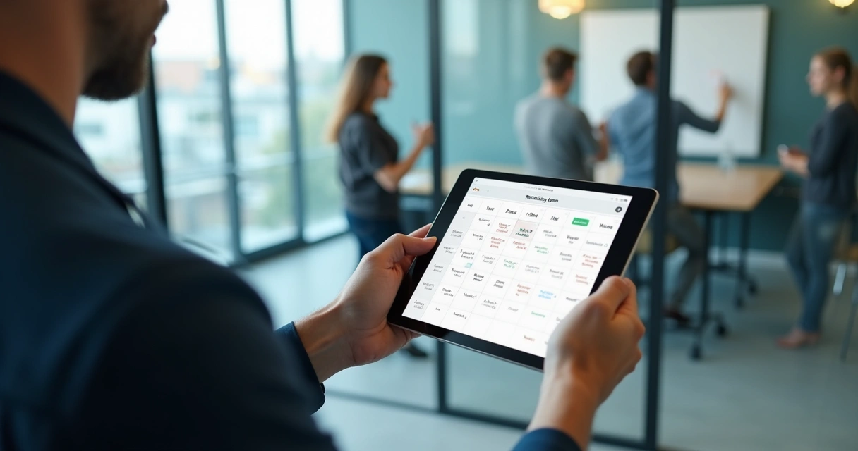 Pessoa usando um sistema simples de reserva digital para sala de reunião, tela clara e intuitiva, calendário cheio de reservas 