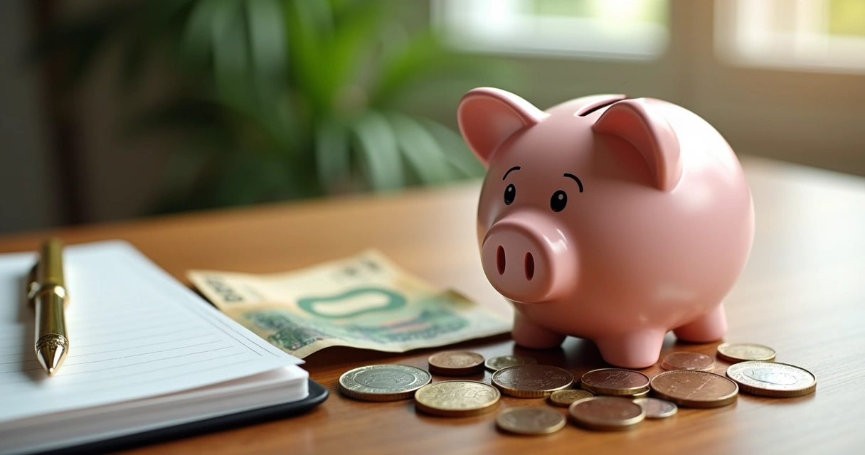 Cofrinho sobre uma mesa com notas e moedas ao redor, simulando reserva financeira 