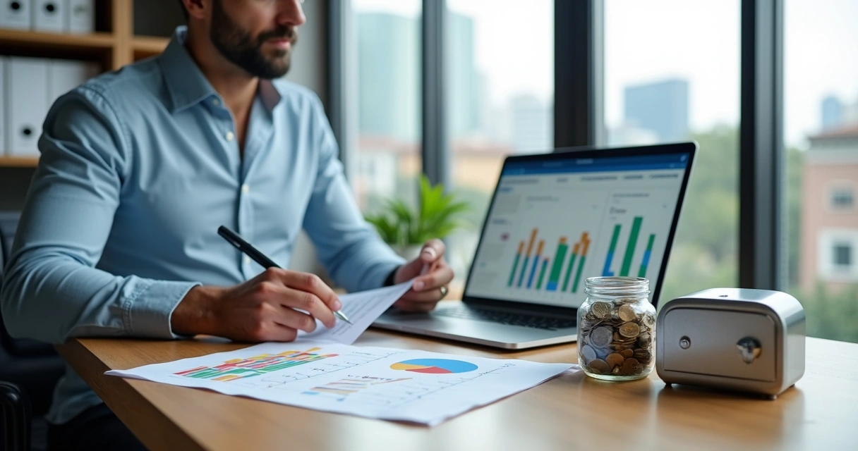 Empresário analisando gráficos financeiros com cofre ao lado simbolizando reserva de caixa 