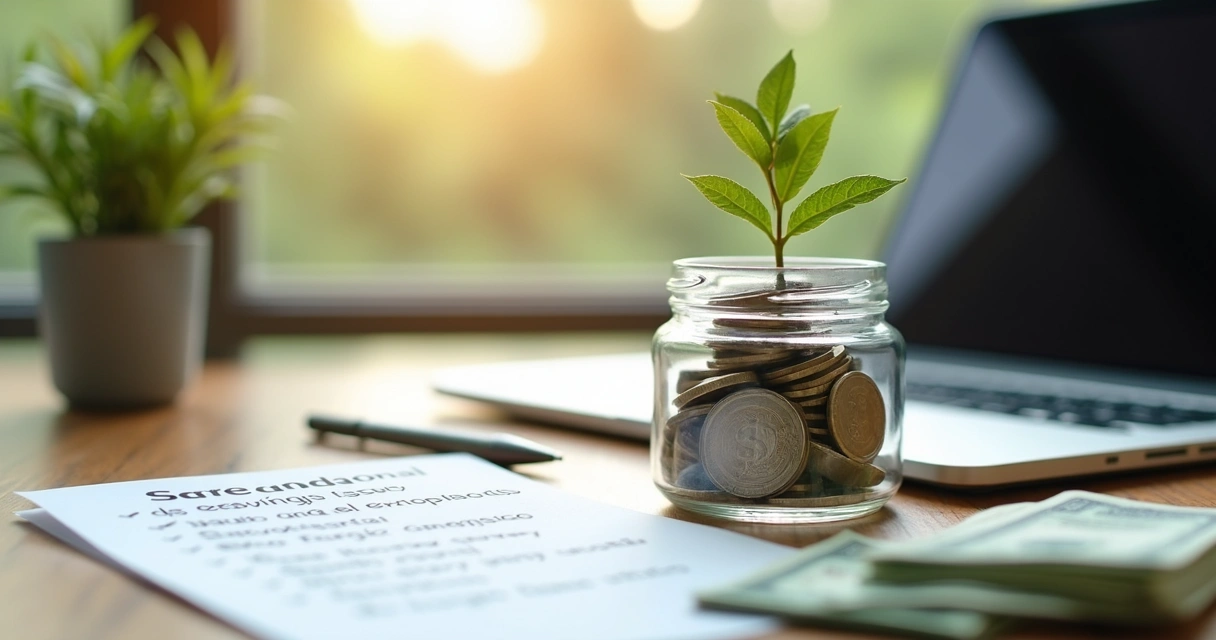 Pote transparente com moedas e anotações de metas financeiras
