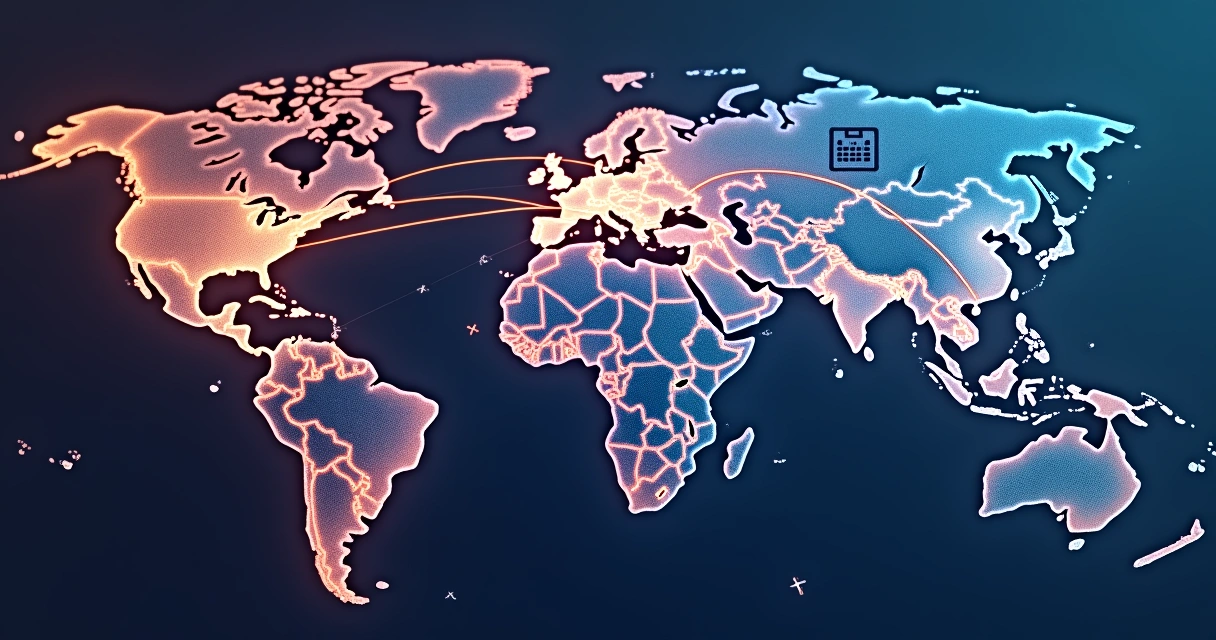 Mapa-múndi com rotas aéreas e ícones de flexibilidade 