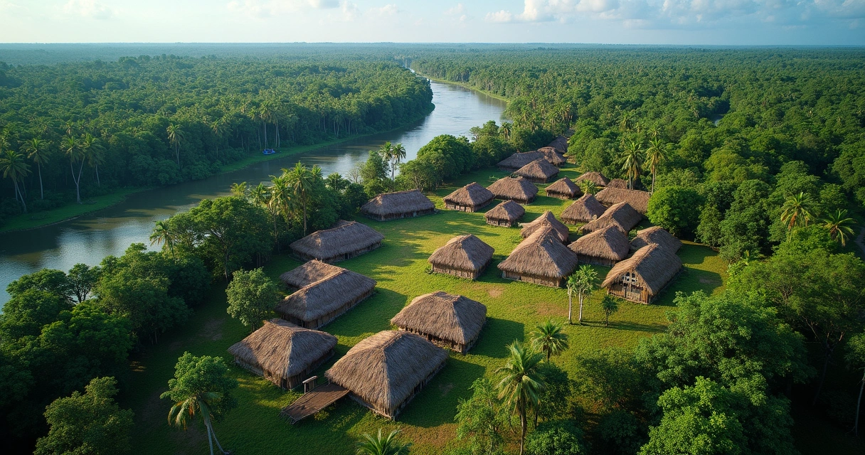 Vista aérea de uma aldeia indígena cercada por rio e floresta