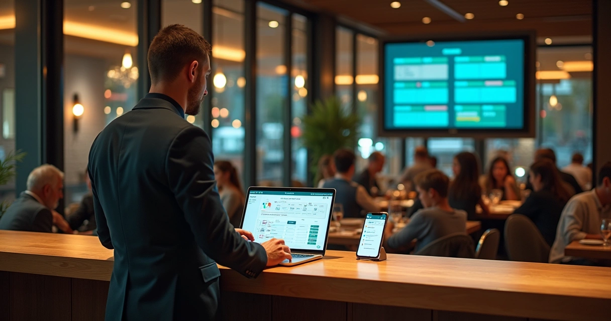 Gestor de restaurante usando painel digital de reservas online em laptop em frente ao salão 
