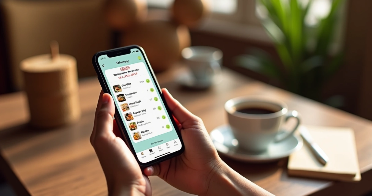 Pessoa usando celular para fazer reserva em restaurante na Disney, com tela do aplicativo aberta mostrando horários e opções de refeições