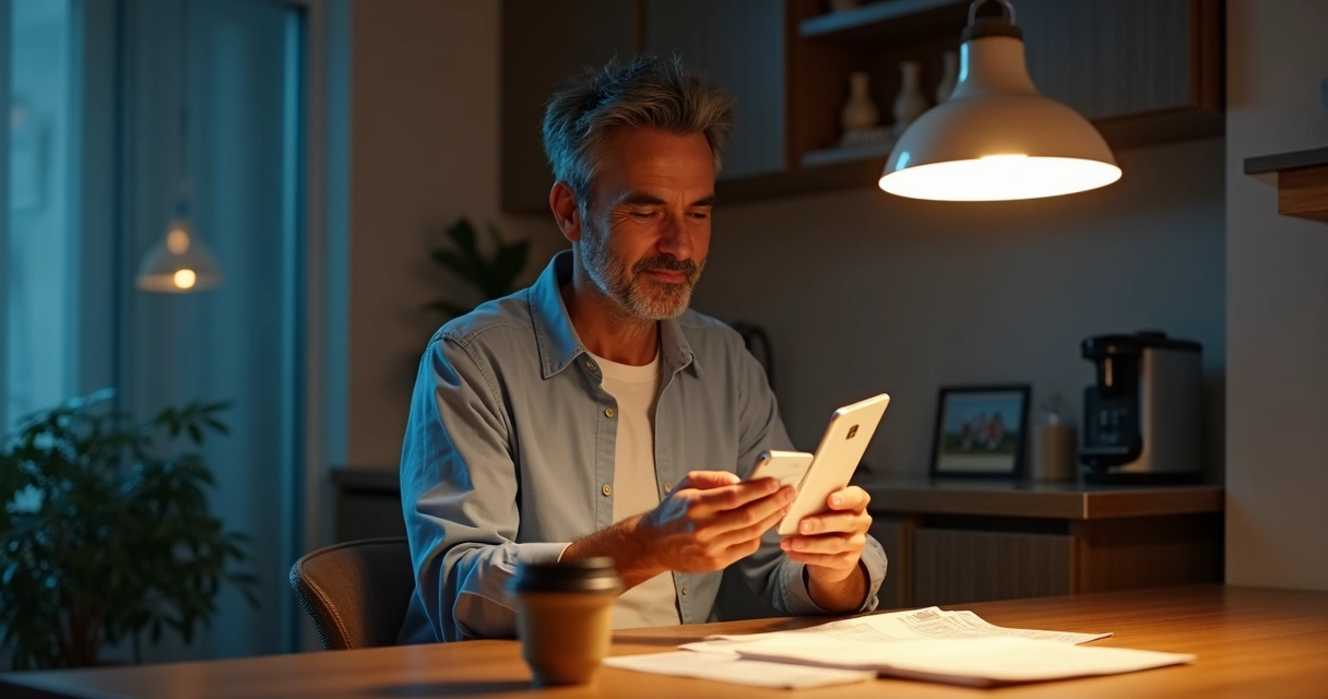 Homem pagando contas inesperadas no celular com expressão de alívio 