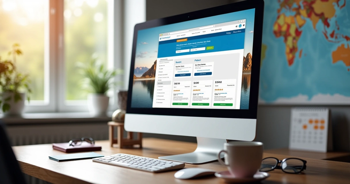 Tela de computador mostrando sites de reservas de viagens com ofertas e descontos 