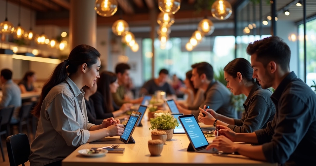 Ambiente de restaurante com mesas ocupadas e tablets para reservas digitais 