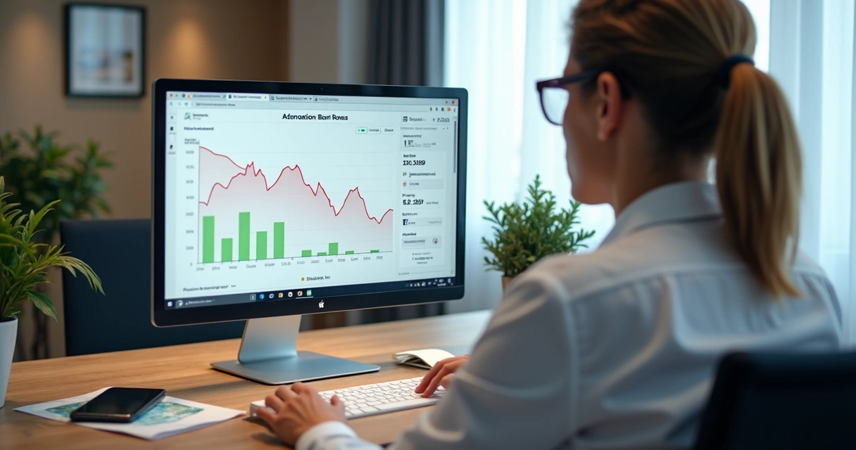 Funcionário de hotel visualizando reservas em tela de computador com gráficos de queda à direita 