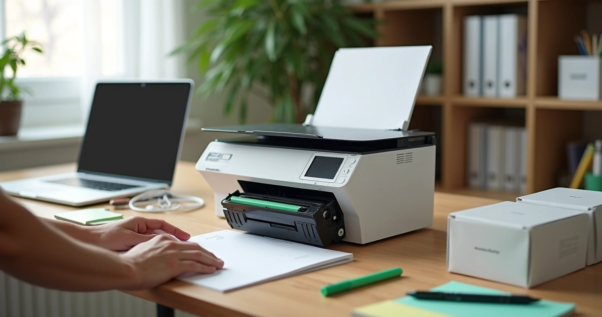 Técnico realizando reset em impressora Brother com toner compatível sobre a mesa 