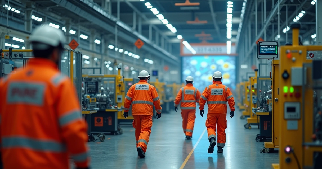 Equipe de resgate acessando rapidamente uma área de emergência na indústria com apoio de painel de localização digital. 