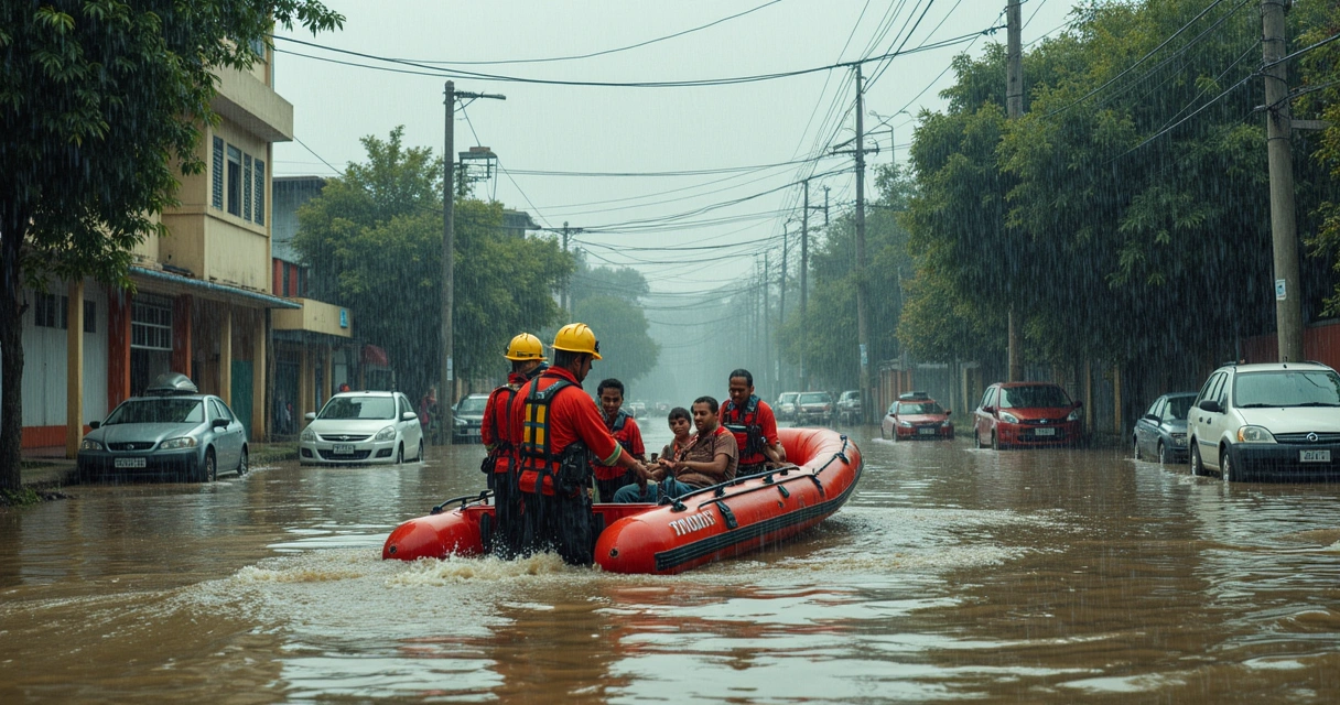 Bombeiros realizando resgate de família em enchente de São Paulo 