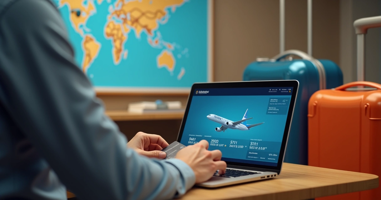 Homem resgatando passagem aérea com laptop e cartão. 