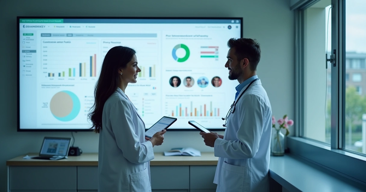 Profissionais de saúde analisando gráficos de pacientes inativos em consultório moderno, mostrando gráficos de crescimento e lista de contatos a serem recuperados 