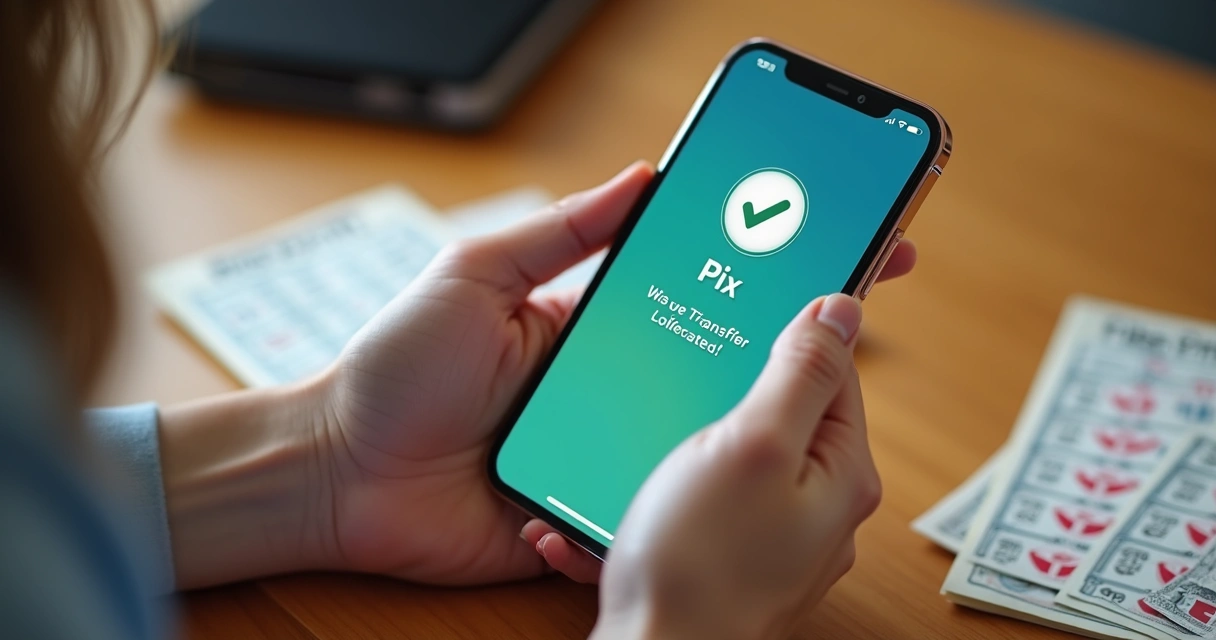 Pessoa conferindo resultado e recebendo prêmio por Pix no celular 