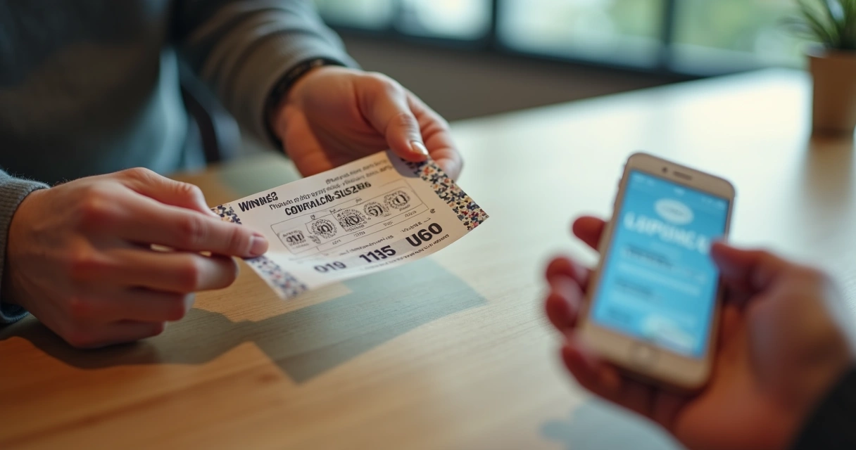Pessoa segurando bilhete premiado da Lotofácil e celular mostrando notificação de prêmio 