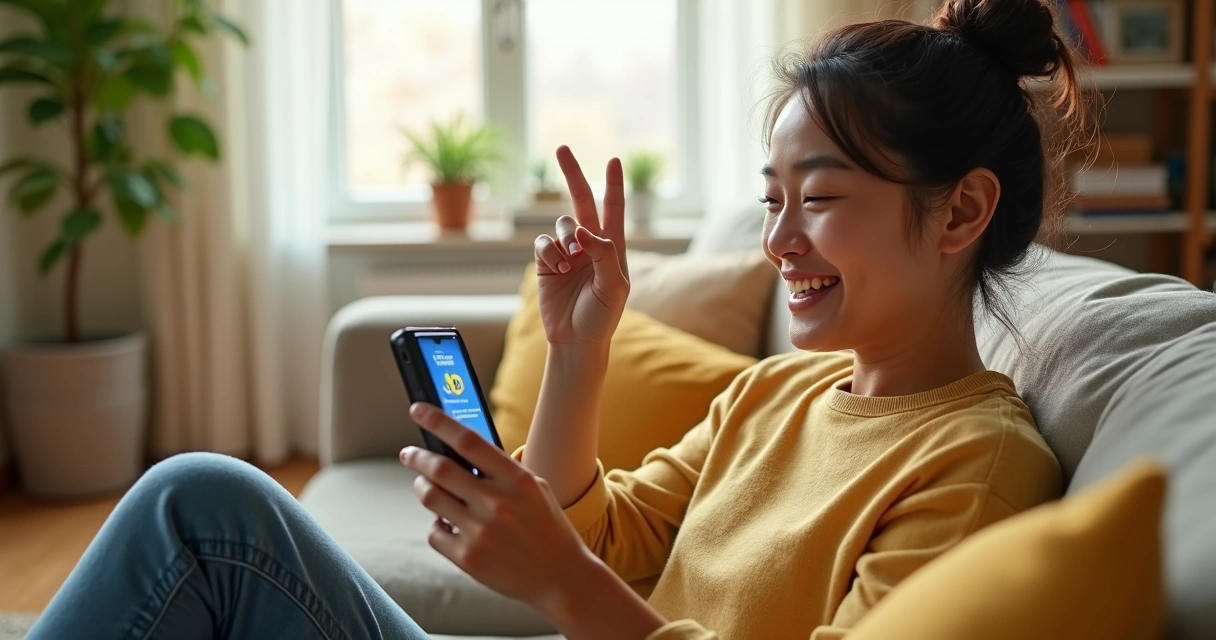 Pessoa feliz conferindo premiação da Mega Sena no aplicativo do celular 