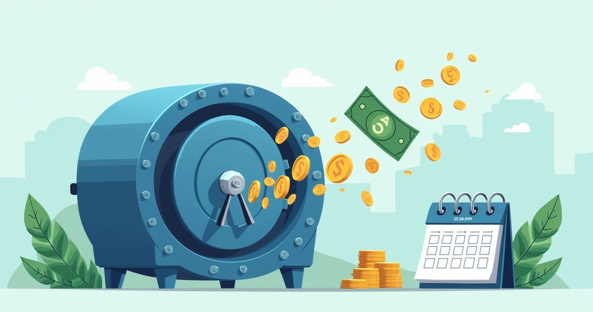 Ilustração conceitual de um cofre se abrindo com notas de dinheiro saindo, simulando o resgate de previdência privada 