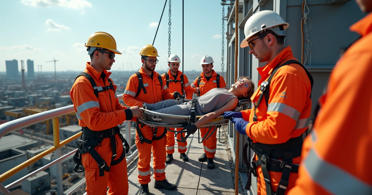 Simulação de resgate com equipe utilizando EPIs em plataforma elevada