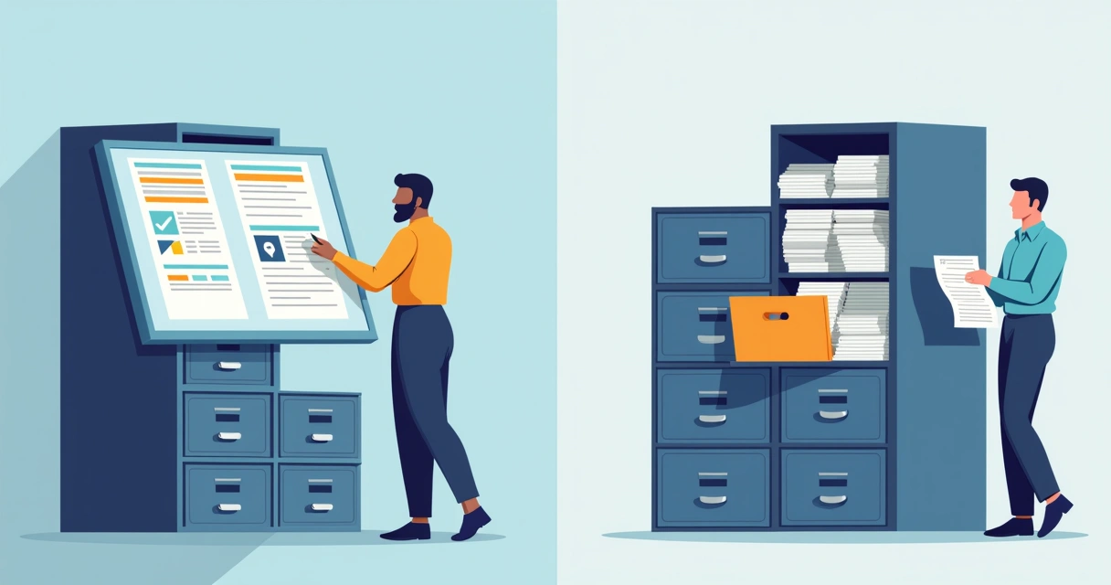 Dos archivadores, uno digital y otro físico, con documentos laborales