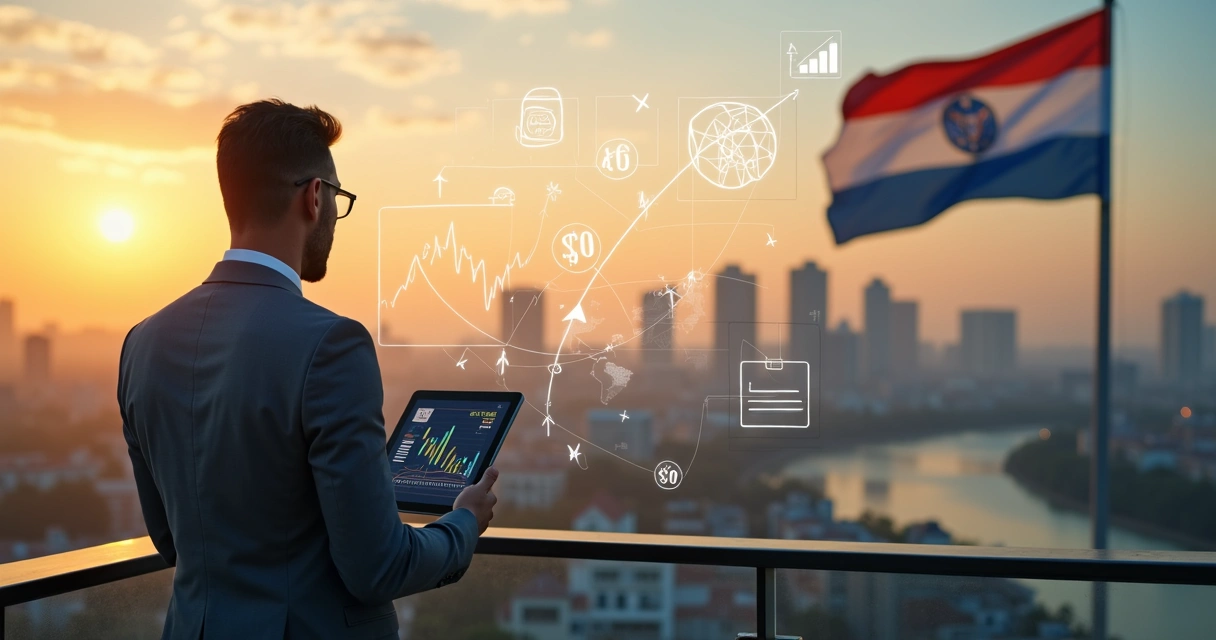 Investidor brasileiro observando skyline de Assunção com bandeira do Paraguai e ícones de finanças internacionais 