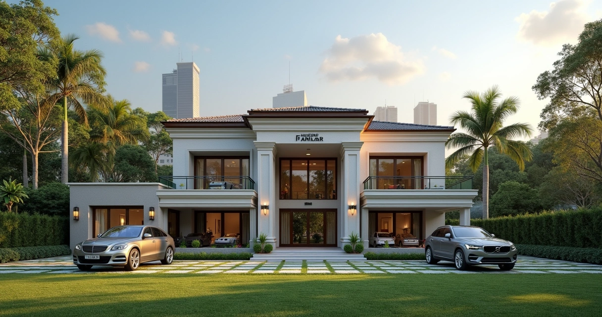 Casa grande usada como sede de holding familiar, jardim ao redor e paisagem urbana ao fundo.